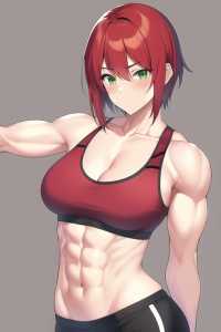 girl, short red hair, green eyes, slightly muscular, medium size breast, sports bra, short pants s-3031688119.png
